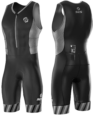 SLS3 Triathlon Suit Men | Tri Suit | Trisuits | Men's Trisuit | 2 Pocket FRT Skinsuit | Great Fit And Comfortable | Designed by Athletes (Black/Gray Stripes, Large)