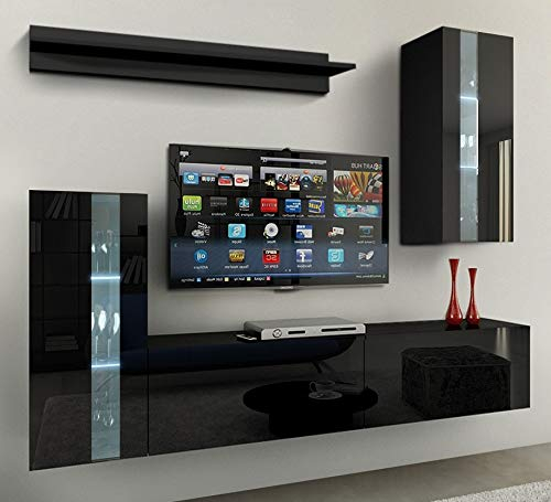 Furnitech Wohnwand Wohnzimmer | Wohnzimmer Möbel mit LED RGB - 16 Farben | Hängend Wohnwand Modern | Wohnzimmer Schrankwand mit Regale und TV Schrank (Future 50/HG/B/1 1A)