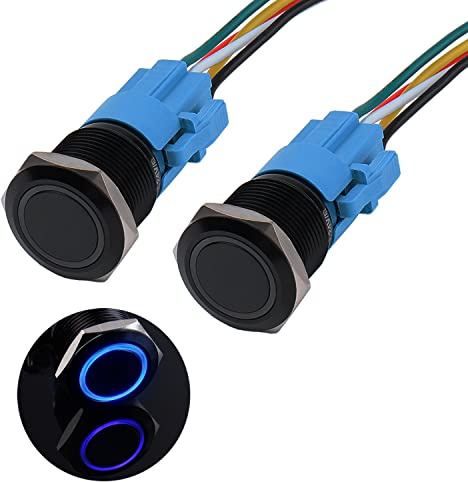 JIQI 2× 19mm Druckschalter 12V bis 24V 3A Wasserdichte Momentray Schalter aus Aluminiumlegierung IP66 1NO1NC vorverdrahte Momentan schwartze Druckknopf mit LED Leuchte für Motorrad Boot LKW RV (Blau)