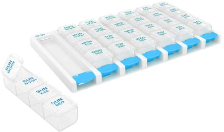 EZY DOSE Weekly (7 Day) 4 Times a Day Push Button Pill Organizer and Vitamin Planner, Removable Daily Pillboxes, Blue, Clear Lids, Large, BPA Free