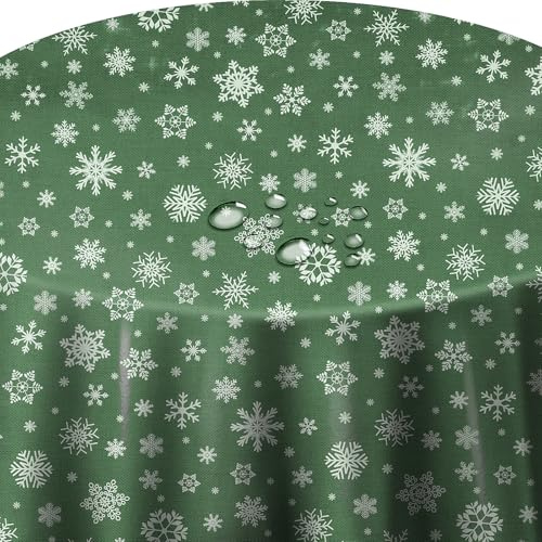 Wachstuch Wachstischdecke Tischdecke Weihnachtstischdecke Größe wählbar Weihnachten Schneeflocken Dunkelgrün Oval ca. 140 x 220 cm abwaschbar