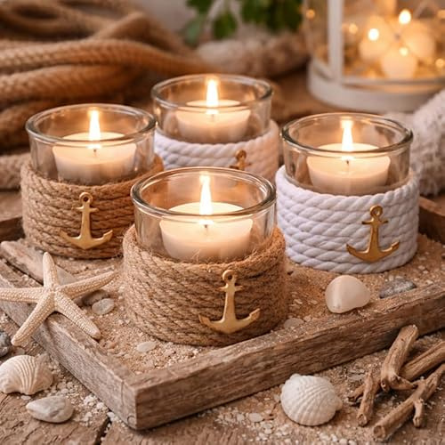 4 STK Anker Windlicht Kerzenhalter grau braun Weiss b658 maritim Deko Ankerdeko Ankerliebe Ostsee Nordsee Geschenk Tischdeko Hochzeitsdeko Seil Metallanker Laterne
