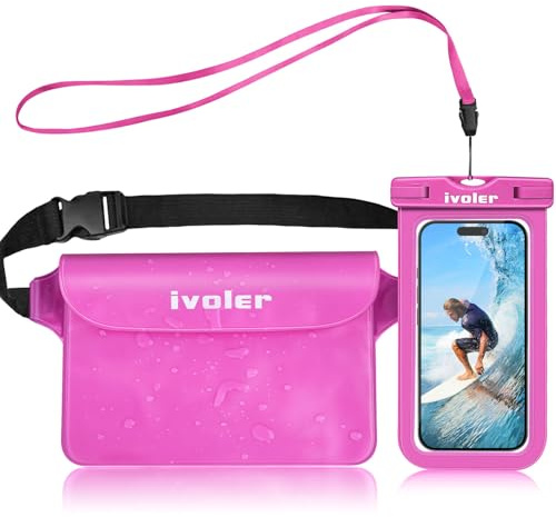ivoler 2 en 1 Kit Sac avec Pochette Étanche Téléphone, Jusqu'à 7,0 | Etui Imperméable à Ceinture avec Housse Étanche Smartphones pour Camping Nautique Kayak Pêche Rafting Natation-Rose Foncé
