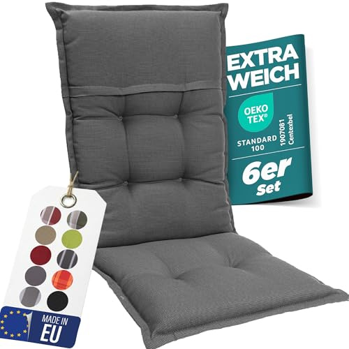 gardisun Gartenstuhlauflagen Hochlehner, 6er Set, Grau | Extra Dicke Sitzauflagen, Made in EU, Polsterauflagen für Hochlehner Gartenstuhl, Auflagen mit hoher Lichtechtheit