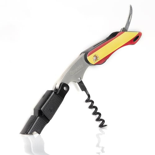 Qpractiko | Cavatappi a 2 Tempi, Nero, Acciaio Inossidabile e Plastica ABS | Lama sega tagliacapsule, design compatto Bandiera Spagna | Apertura vino