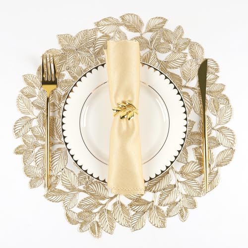 Evevda Gold Metallic Leaf Placemat Hollow Out Round Vinyl Placemats Set of 8 for Holiday Party Anniversary Christmas Indoor Outdoor Table Dinner Placemats Bulk
