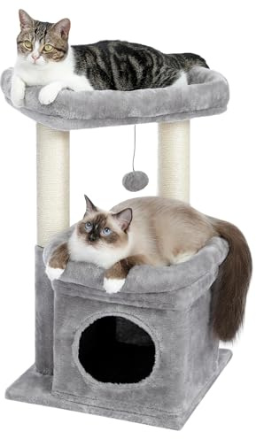 PAWZ Road Litet katträd höjd 60 cm, lektorn för inomhuskatter med 2 robusta klösstolpar, 1 rymlig koja och 1 stor sittpinne, grå