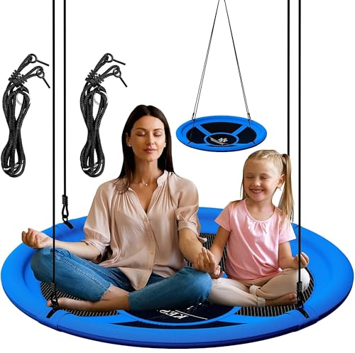 KESSER® Nestschaukel Tellerschaukel Hängeschaukel Rundschaukel Ø 120cm Schaukel bis 300kg belastbar mit Kissen & 4 Griffen verstellbar Kinderschaukel Indoor & Outdoor für Kinder & Erwachsene Blau