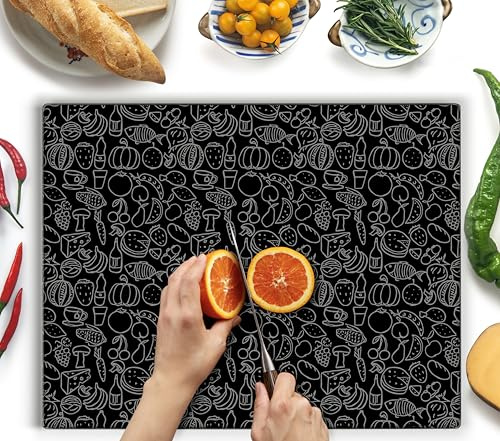 Kitchenville Glasschneidebrett 50×40 cm – Hygienisches Schneidebrett aus gehärtetem Glas – Hitzebeständig, Kratzfest & Rutschfest – Glasplatte für die Küche – Schwarzes Design