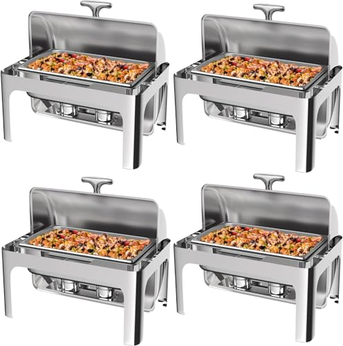 QTQHOME 9QT Food Warmer, Rectangular Chafing Dish Buffet Set with Visible Roll Top Food Tray Water Tra Fuel Rack for Weddings Parties Banquets Dining Events, Four