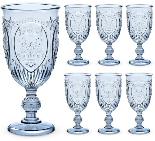 Wiwiqing 6 Pcs Plastic Wine Glasses Vintage Goblets,Blue | Embossed Vintage Goblets, 7.5oz Capacity, For Wedding Receptions, Baby Showers, Bar Parties, Juice Water Wine Serving