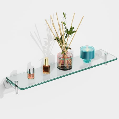 KOCOK Glasregale für Badezimmer, 40,6 cm, Chrom, poliert, schwebendes Badezimmer-Regal, Edelstahl, gehärtetes Glas, moderne Regale, Wandmontage