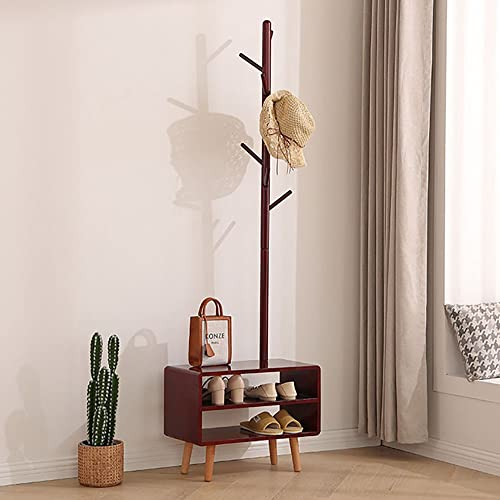 Schuh- und Kleiderständer aus Naturholz mit Garderobe, Schuhschrank und stabilem Design für Wohnzimmer, Schlafzimmer, Flur – 2 Ablagen, 8 Haken – Tragkraft 195 cm Höhe