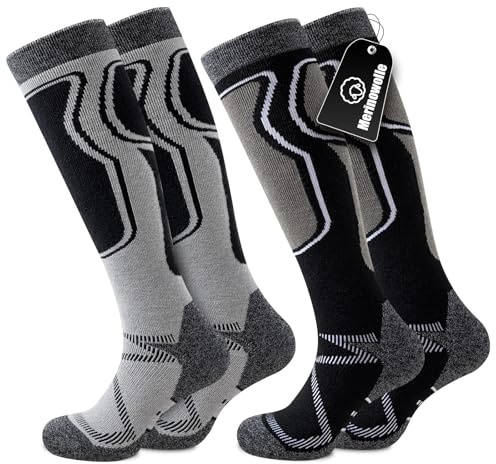 Effeet 2 Paar Skisocken aus Merinowolle für Herren Damen, Warme Gepolsterte Thermosocken Weich Winterstrümpfe, Kniestrümpfe mit Polsterung für Snowboarden Skifahren Jagen Wandern Grau & Schwarz 47-50