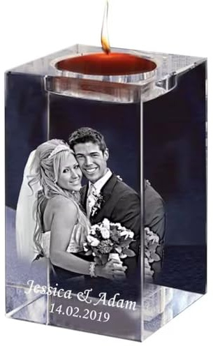 Personalisierte Benutzerdefinierte 3D-Foto Graviert Kristall-Kandelaber Mit Ihrem Eigenen Bild Text, Porträt Gedenken Teelicht Kerzenhalter Dekor Für Hochzeit, Jahrestag, Geburtstag, Weihnachten(10CM)