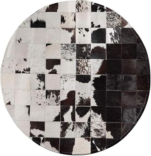 SN ALEFHOME Round Cowhide Leather Rug 4x4 ft – Black & White Natural Animal Skin Carpet for Living Room, Bedroom, Office & Farmhouse Décor | Stylish Modern Western Area Rug