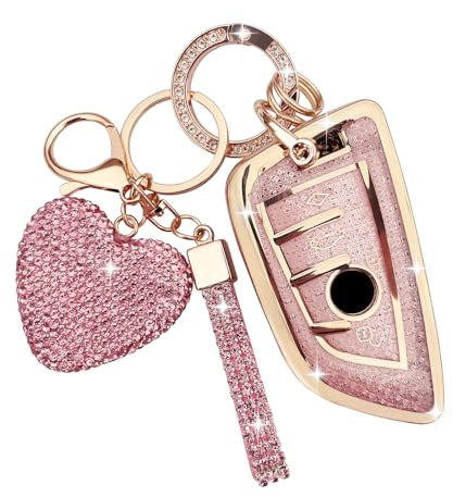 ZVRSUA Autoschlüssel hülle Cover mit Diamant Bling Schlüsselanhänger aus Weichem TPU,4 Tasten für BMW 2 Serie 3 5 6 7 Serie M5 X1 X2 X3 X5 X5M X6 X6M Schutzhülle（Rosa）