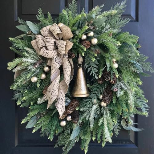 Weihnachtskranz Bauernhaus | Weihnachtsgirlande mit Kiefer und Glocken | Künstliche Weihnachten Haustürkranz Aussen | Türkranz Weihnachten modern | Weihnachtsdeko Haustür (40 x 40 cm)