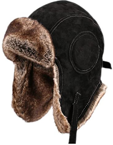 WDSOPK Unisex-Fliegermütze aus Lammfell, hält draußen warm, Winterpelzmütze, schwarz, 55–58 cm (Schwarz 6 3/4)