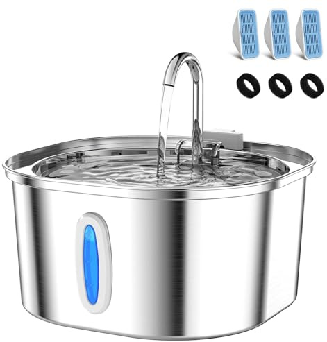 PEKTACO Stainless Steel Cat Water Fountain, 3.2L/108oz Cat Water Dispenser with Quiet Water Pump, Dishwasher Safe Pet Drinking Fountain for Cats with 3 Filters + 3 Sponges