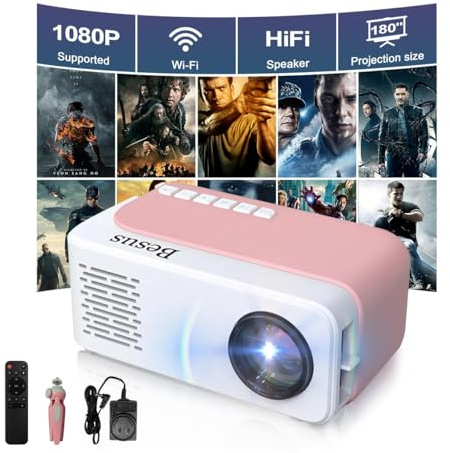 Mini proyector, proyector de video WiFi HD 1080P, proyector portátil para exteriores con trípode, regalo para niños, proyector de teléfono de cine en casa compatible con USB, AV, smartphone/tablet