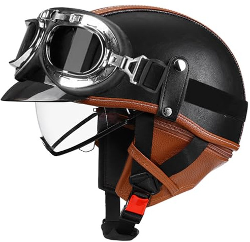 VVPEC Motorcykelhalvhjälm, motorcykel tysk läderhalvhjälm, ECEDOT-godkänd halvskalshjälm med keps och skyddsglasögon, retro öppen hjälm med justerbart snabbspänne(3,M=57~58cm)