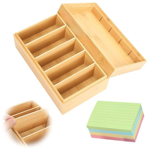 A7 Scatola per Schedari Legno, 22x12,6x9cm Porta Carte Legno con Coperchio, Custodia Organizer per Carte con 4 Divisorio Rimovibile e 400 pezzi Scheda Indice, per Casa, Studio(Include Scheda Indice)