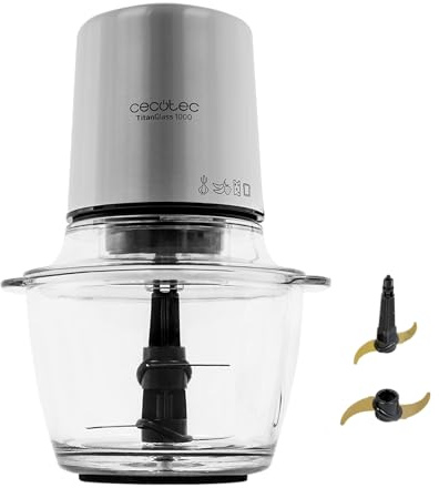 Cecotec Picadora Eléctrica TitanGlass 1000 Max. 500W, 4 Cuchillas Titanio, Pica, Trocea y Corta, ControlSpeed, Bol Cristal 1L, 2 Velocidades, Botón Pulso, Tapa a Presión, Regulable, Lavavajillas