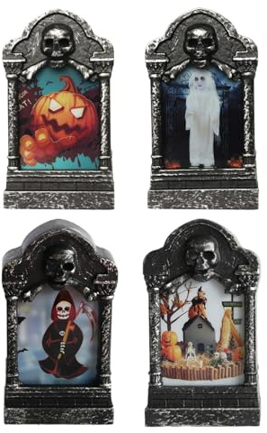 Lápidas para tumbas – Decoraciones de Halloween al aire libre | Juego de 4 luces LED lápidas con efecto intermitente de 7 colores, luces decorativas impermeables para patio, césped, jardín, puerta