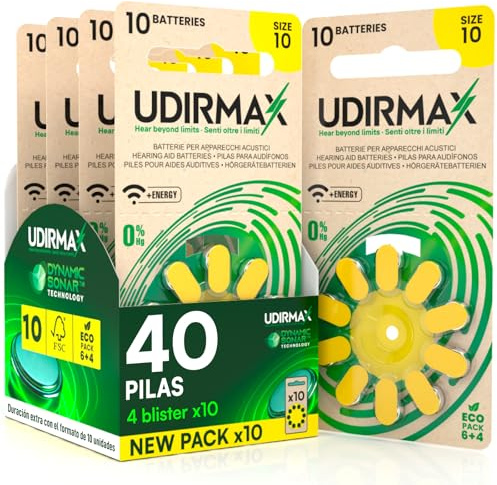 40 Batterien für Hörgeräte Größe 10 PR70 Gelb - Udirmax Zink-Luft Batterien 0% Quecksilber 1,45 V mit Dynamischer Sonartechnologie - Eco Pack 4 Eco Blister mit 10 Batterien