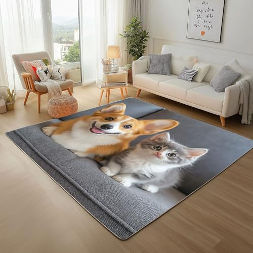 Dyjuaa Corgi Hund Teppich Kurzflor 100x150 cm, Kawaii Katze Bettvorleger Weich rutschfest Waschbar, Teppiche für Wohnzimmer, Schlafzimmer, Esszimmer, Kinderzimmer