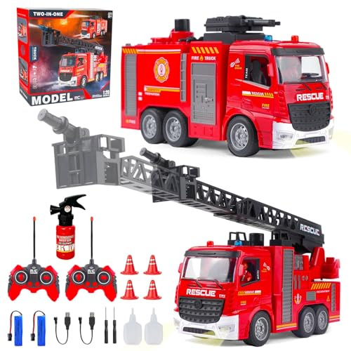 2 Feuerwehrauto Ferngesteuert mit Lichtern, Geräuschen, Leiter und Wasserspritze, Feuerwehrauto Set mit 2 Feuerwehrmännern, 4 Kegeleimern und 1 Feuerlöscher, Feuerwehr Spielzeug Set für Kinder