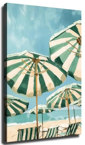 Vintage Beach Aerial Sage Blue Umbrella Wall Art, Coastal Europe Beach Club, Green Home Decor, Girly French Riviera Wall Decor (Framed,12×18 inch)