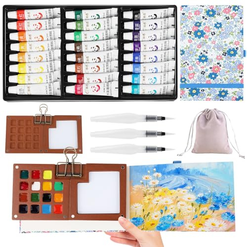 Mini Pocket Aquarell Set 8 Stück, 24 Farben Reise-Aquarellfarben mit Clip, tragbarer Holzpalette, Watercolor Sketchbook, 3 Aquarellpinseln & Samtbeutel, Perfektes Mini Geschenk für Aquarell-Liebhaber