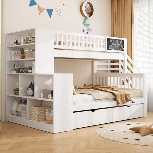 ModernLuxe Kinderbett Hochbett Doppelstockbett 140x200 & 90x200, Hausbett mit Graffiti-Brett, Treppenschrank & Aufbewahrung, Kinder Etagenbett mit Schubladen,Weiß,ohne Matratze