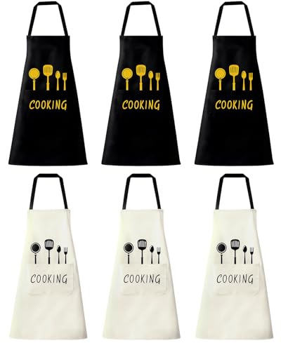 DASHUI 6 Stück Köche Schürze mit 2 Taschen, Kochschürze Hochwertige Schürze für Damen und Herren, Küchenschürze in Schwarz und Weiß, Verstellbarem Nackenband Schürze für Küche Kochen Backen Garten BBQ