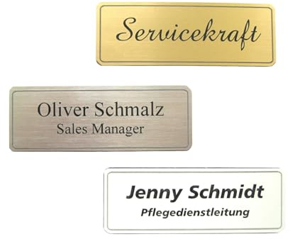 Schmalz Werbeservice Silberfarbiges Kunststoff Namensschild mit Gravur, 70x25 mm, 1-2 zeilige Gravur, Magnetbefestigung