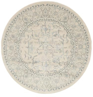 RugVista Ziegler Manhattan Teppich, Ø 150 cm, Beige/Hell Blau | Vintage, Rund, Niedriger Stapel, Nur chemische Reinigung, Oeko-Tex 100, Wohnzimmer, Esszimmer, Schlafzimmer, Diele