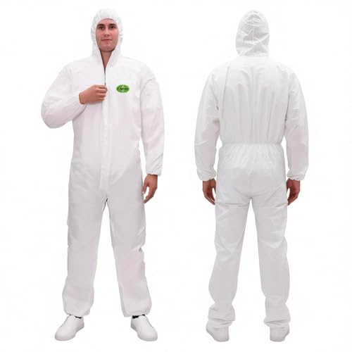 Raygard 30203 Mikroporöser Einweg Overall Schutzanzug mit Kapuze, atmungsaktiv, mit elastischen Bündchen, Knöcheln und Taille, versäuberte Nähte für Spritzlackierung, chemische Industrie (XL, weiß)