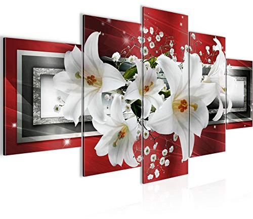 Runa Art - Bilder Blumen Lilien 200 x 100 cm 5 Teilig XXL Wanddekoration Design Rot Grau 204751b