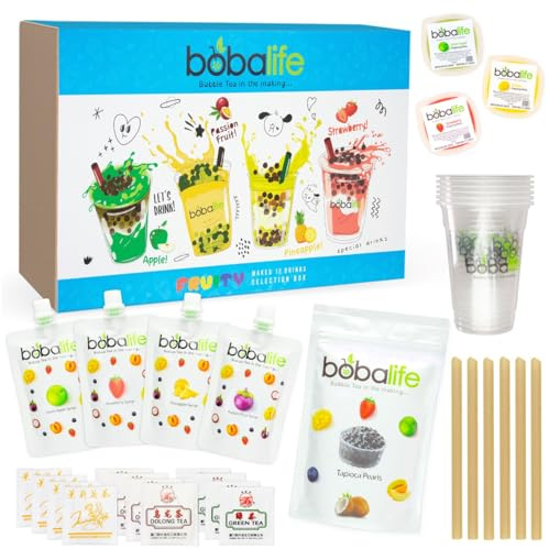 Bobalife Fruity Bubble Tea Kit with Popping Boba & Tapioca Pearls - Make 12 Delicious Fruit Tea Drinks At Home - Green Apple, Strawberry, Passion Fruit Flavors - Fun DIY Boba Tea Set