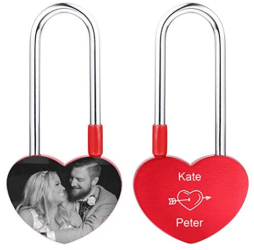 MeMeDIY Personalisierte Liebe Herzschloss Gravur Foto/Name/Datum/Symbole Benutzerdefiniertes Bild für Paare Männer Frauen Freund Freundin Liebhaber Aluminium Memorial Valentine Bridge Vorhängeschloss