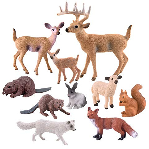 TUPARKA 10 Morceaux d'animaux de la forêt, Figurine en Bois Miniature Figurine écureuil, Lapin, Renard, Mouton, Castor, fête d'anniversaire du cerf des Bois, baptême de bébé, gâteau de fête de Noël