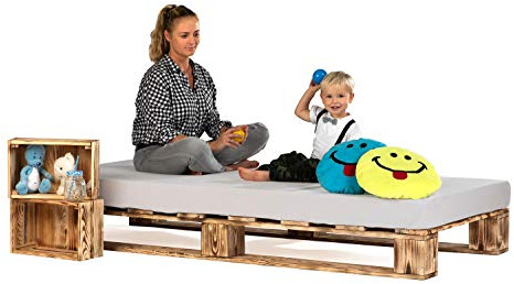 sunnypillow 90x200 cm Palettenbett aus Holz Holzbett Massivholzbett Bett aus Paletten Palettenmöbel Geflammt Vintage europalette 80 90 100 120 140 160 180 200 220 240 x 200 cm