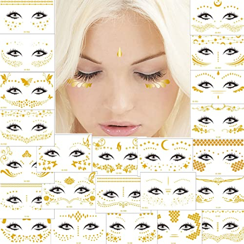 23 Feuilles Métal Tatouages ​​Temporaires, Tatouages ​​Métalliques Imperméables, Tatouage Visage Maquillage Flash D'or, Faux Autocollants Tatouage Scintillants, Adaptés Aux Adultes Ou Aux Enfants