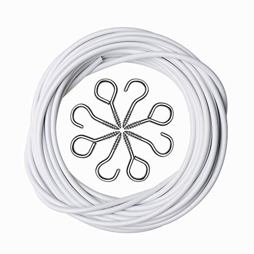 2 Pack 3 Meter White Curtain Wire, Plastic Coated Window Curtain Wire with 8 Pairs of Screw Eyes and Hooks