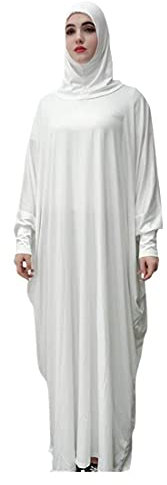 Women's Solid Muslim One-Piece Prayer Dress Abaya Kaftan with Hijab Full Length Dress, White, One size(141cm)