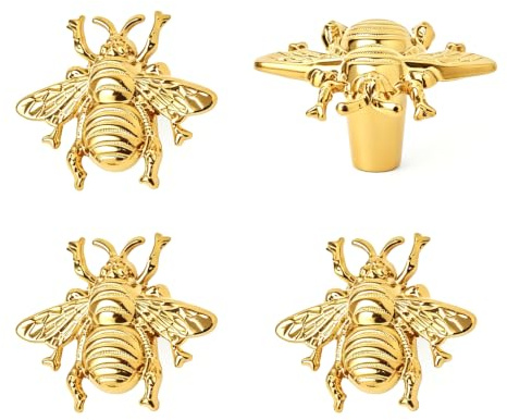 Powerful 4 Pcs Honeybee Drawer Knobs Gold Cabinet Knobs 2.1 | Vintage Drawer Knobs Cupboard Handles with 8 Screws, Decorative Handles Suitable for Cupboards, Draws, Wardrobes and Cabinets