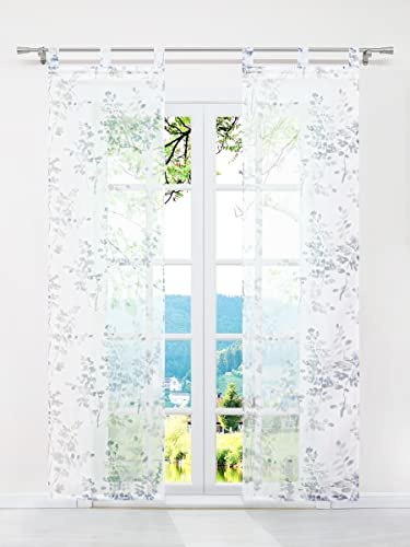 ESLIR Schiebegardinen Voile Flächenvorhänge Set 2er Gardinen mit Schlaufen Schiebevorhang Transparent Vorhang mit Blätter Muster Grau BxH 57x145cm 2 Stück