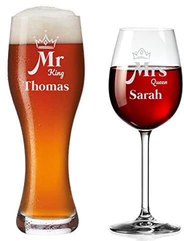 Weizenbierglas und Weinglas im 2er-Set - mit individueller Gravur - Jahrestag, Geburtstag - Geschenk für Paare - Wein + Bierglas mit Wunschname - Motiv Mr. King und Mrs. Queen